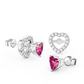 Charisma Heart Pink Sapphire and White Sapphire Platinum Plated Silver Stud Earrings Halo Jacket Set