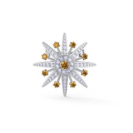 Starburst Citrine and Moissanite Platinum plated Silver Brooch