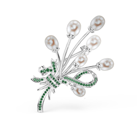 Pearl and Emerald 9ct White Gold Brooch