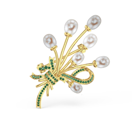 Pearl and Emerald 9ct Yellow Gold Brooch