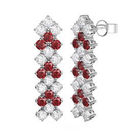 Eternity Three Row Ruby and Diamond CZ Silver Drop Earrings