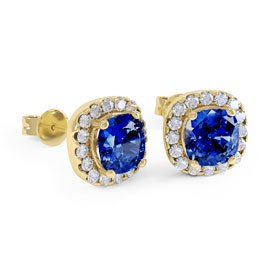 Princess 2ct Sapphire and Diamond Halo 18ct Yellow Gold Stud Earrings