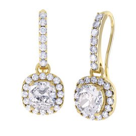 Princess 2ct Diamond Halo 18ct Yellow Gold Pave Drop Earrings