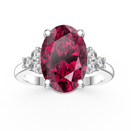 Radiant 3.5ct Oval Ruby and Moissanite Platinum plated Silver Proposal Ring