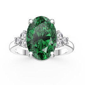 Radiant 3.5ct Oval Emerald and Moissanite Platinum plated Silver Proposal Ring