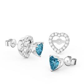 Charisma Heart Blue Topaz Platinum Plated Silver Stud Earrings Heart Halo Jacket Set