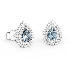 Fusion Aquamarine Pear Halo Platinum plated Silver Stud Earrings