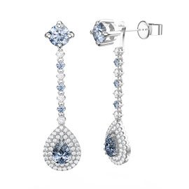 Fusion Aquamarine Pear Halo Platinum plated Silver Stud Drop Earrings Set