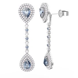 Fusion Aquamarine Pear Halo Platinum plated Silver Stud and Drop Earrings Set