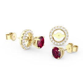 Fusion Ruby 18ct Gold Stud Earrings Moissanite Halo Jacket Set