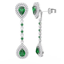 Fusion Emerald and Diamond Pear Halo 18ct White Gold Stud and Drop Earrings Set