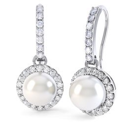 Venus Pearl Halo Platinum plated Silver Pave Drop Earrings