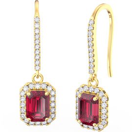 Princess Ruby and Diamond Emerald Cut Halo 18ct Yellow Gold Pave Drop Earrings
