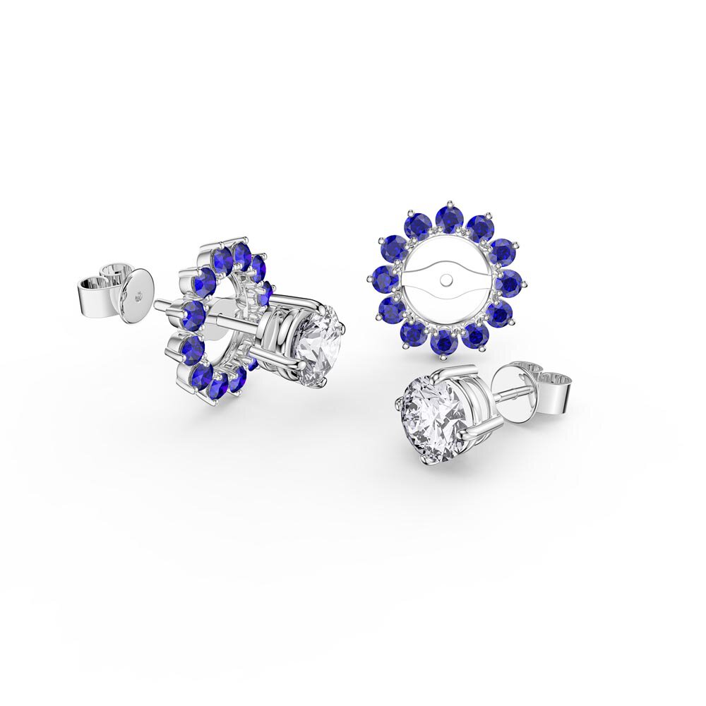 Fusion Moissanite Platinum plated Silver Stud Earrings Sapphire Halo Jacket Set