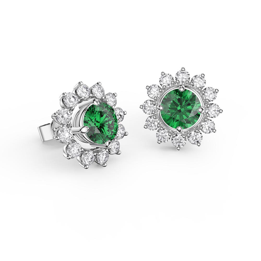 Fusion Emerald Platinum plated Silver Stud Starburst Earrings Halo Jacket Set #2