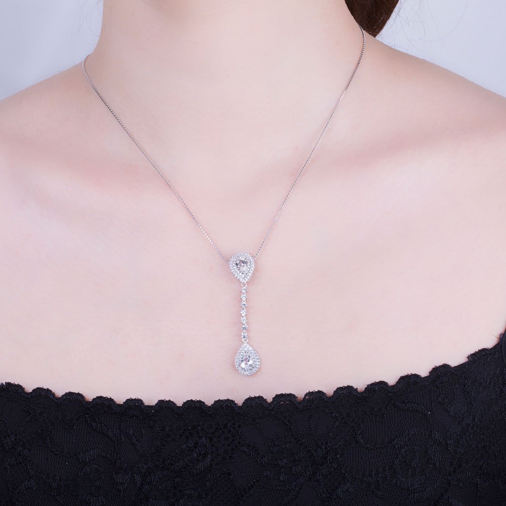 Fusion 2.3ct Diamond Halo 18ct White Gold Drop Pear Pendant Set #2