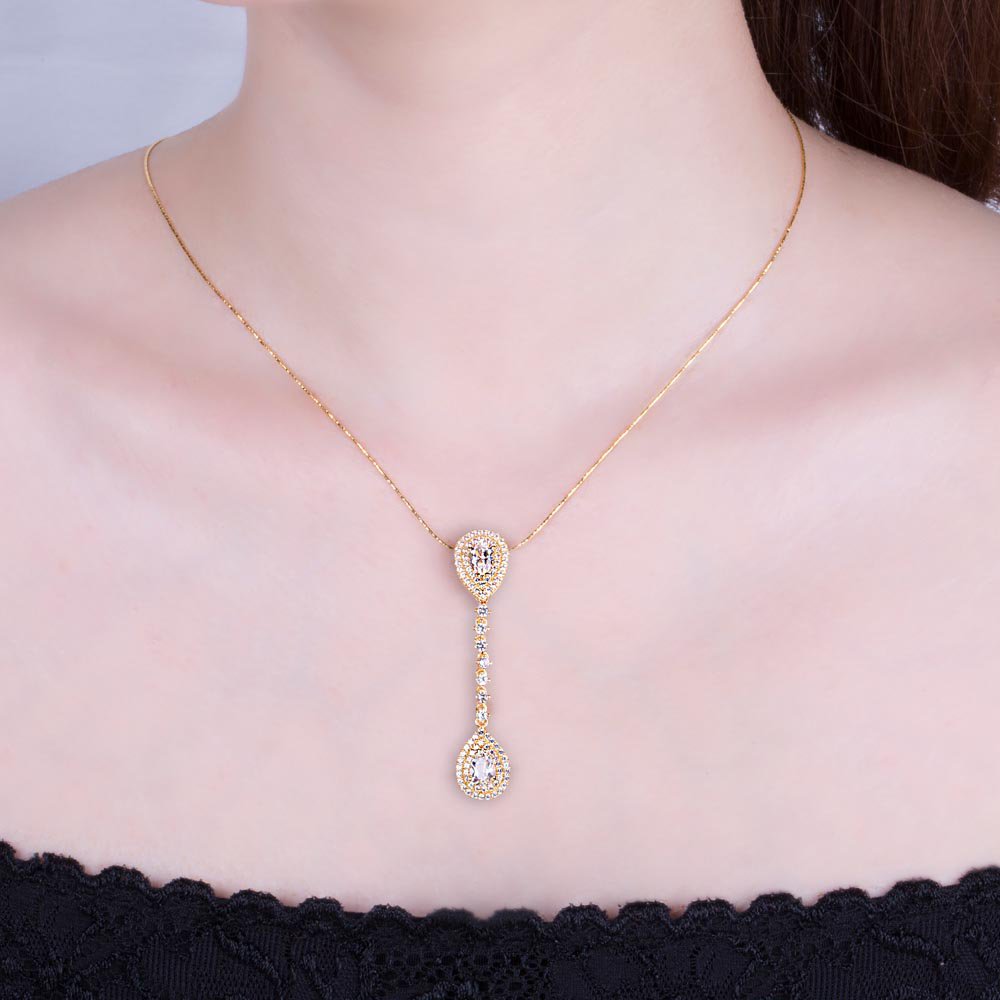 Fusion White Sapphire Halo 18ct Gold Vermeil Drop Pear Pendant Set #2