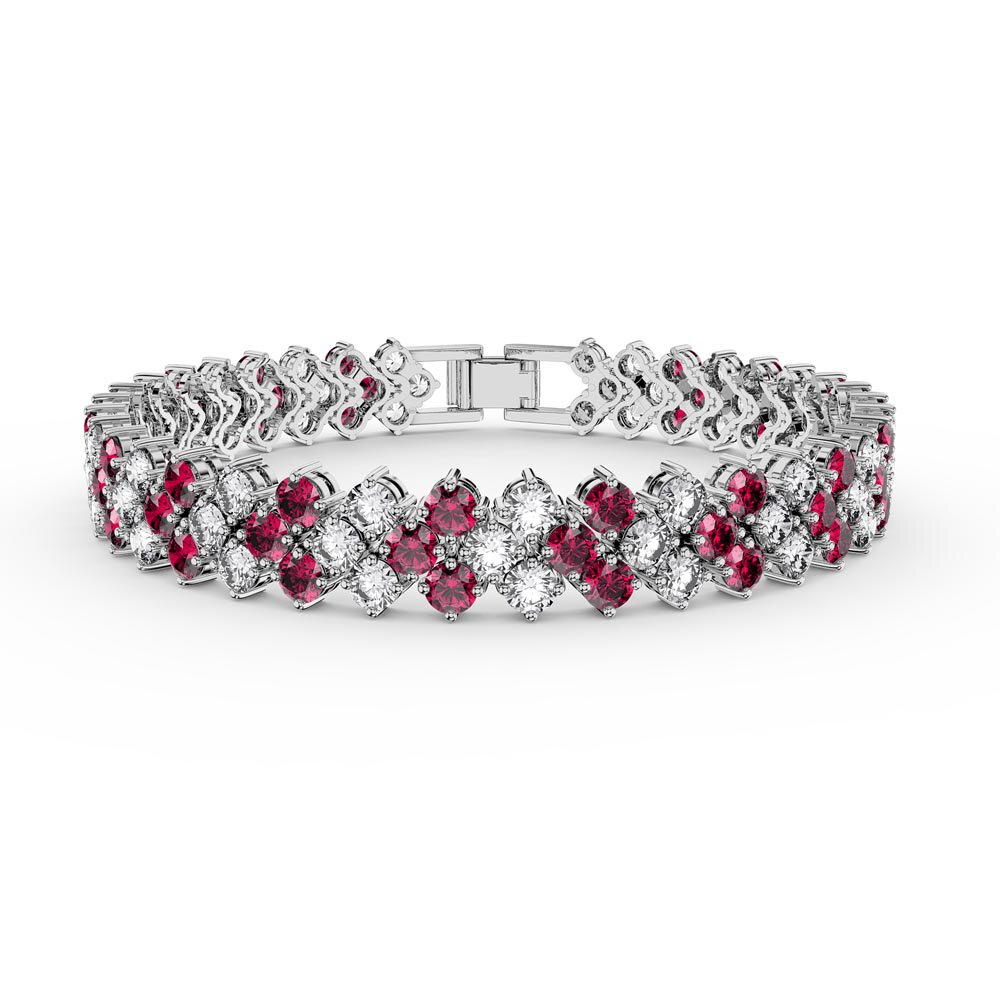 Eternity Three Row Ruby and Diamond CZ Silver Tennis Bracelet 7 Inch