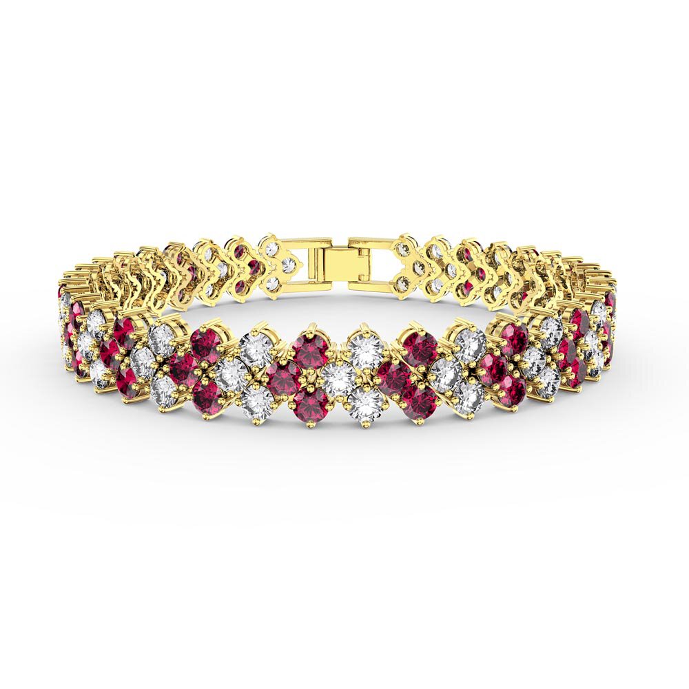 Eternity Three Row Ruby and Diamond CZ 18ct Gold plated Silver Tennis Bracelet 7 Inch