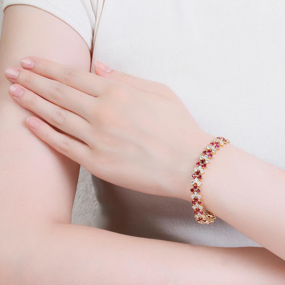 Eternity Three Row Ruby and Diamond CZ 18ct Gold plated Silver Tennis Bracelet 7 Inch #2