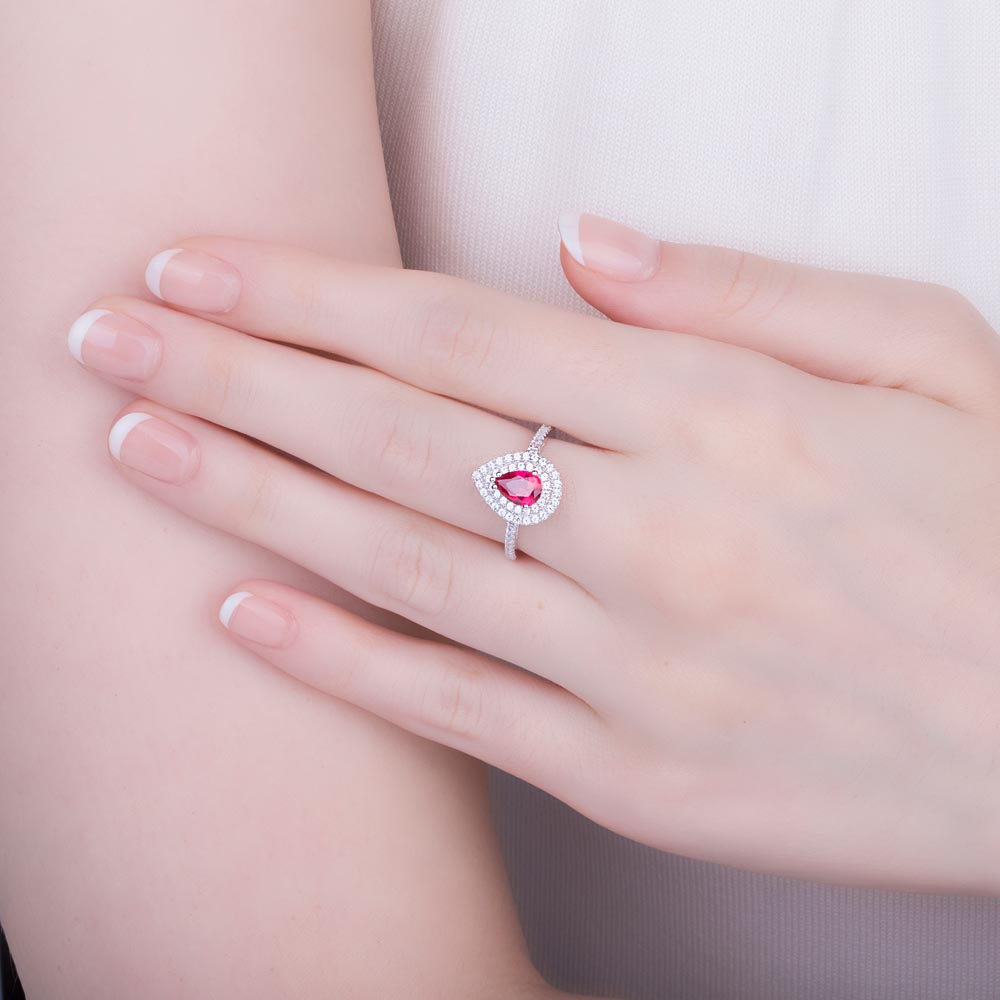 Fusion Ruby Pear Moissanite Halo 9ct White Gold Proposal Ring #2