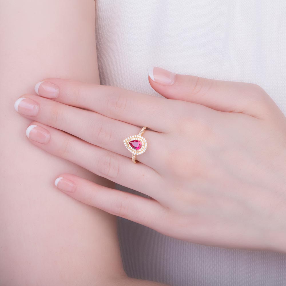 Fusion Ruby Pear Moissanite Halo 9ct Yellow Gold Proposal Ring #2