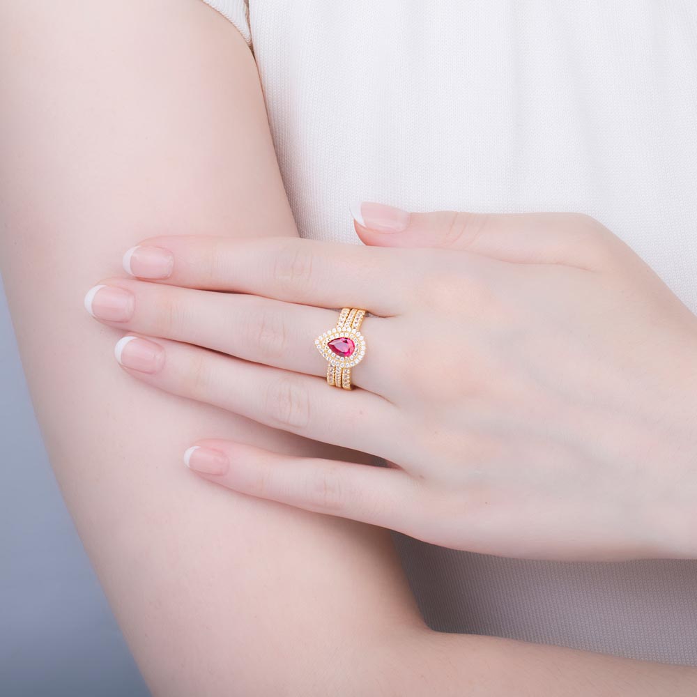 Fusion Ruby Pear Moissanite Halo 9ct Yellow Gold Proposal Ring #4