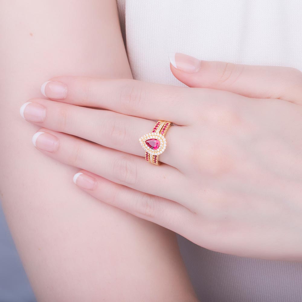 Fusion Ruby Pear Moissanite Halo 9ct Yellow Gold Proposal Ring #5