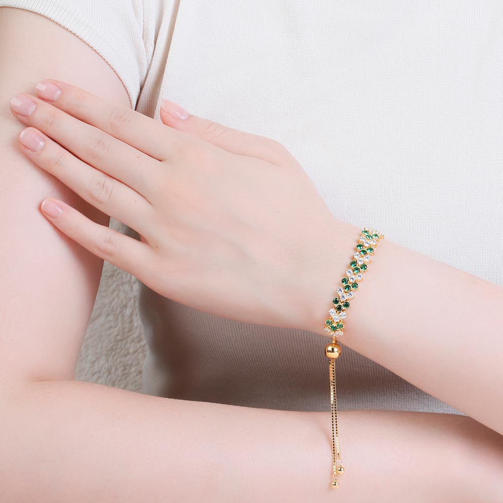 Eternity Three Row Emerald and Diamond CZ 18ct Gold plated Silver Adjustable Tennis Bracelet #2