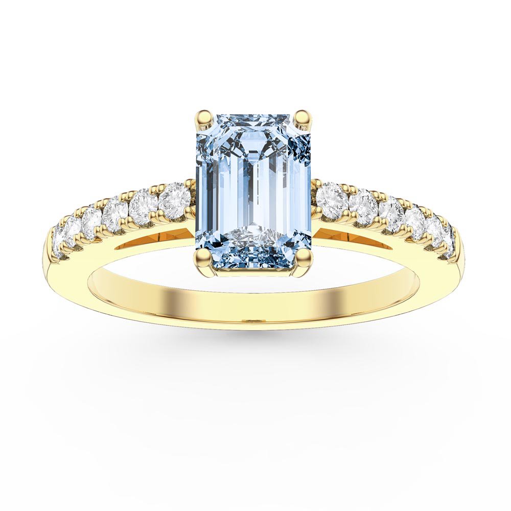 Unity 1ct Aquamarine Emerald Cut Moissanite Pave 18ct Yellow Gold Engagement Ring