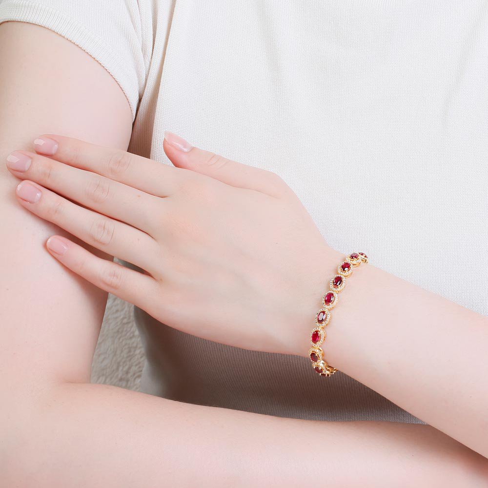 Eternity Ruby and Lab Diamond Oval Halo 18ct Yellow Gold Tennis Bracelet #2