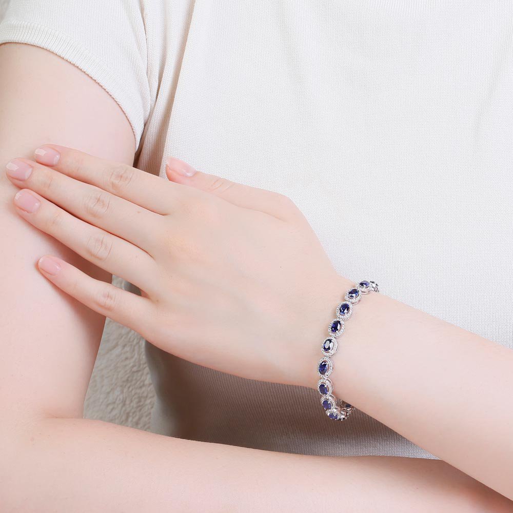 Eternity Blue Sapphire and Oval Halo 18ct White Gold Tennis Bracelet #2