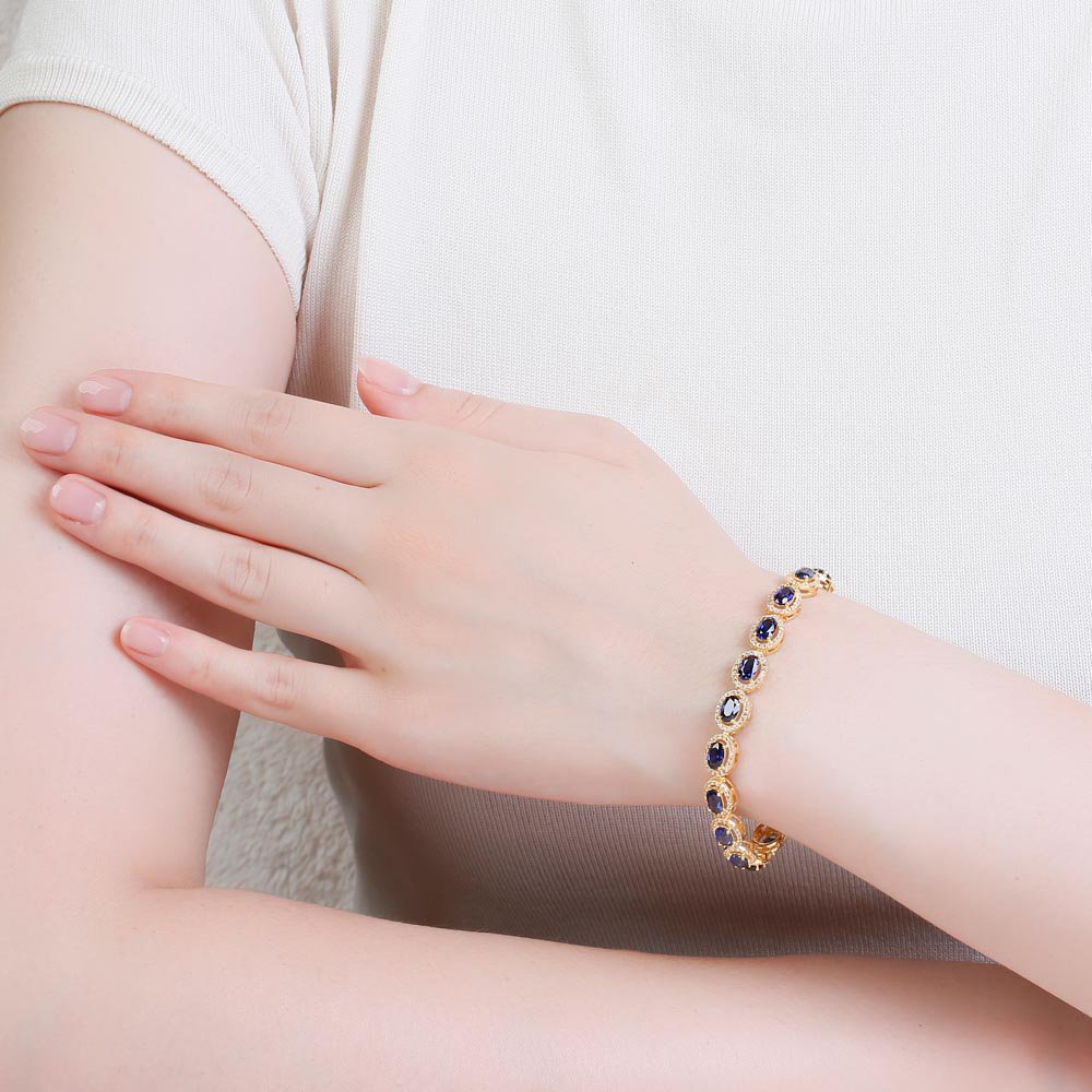 Eternity Blue Sapphire and Moissanite Oval Halo 18ct Yellow Gold Tennis Bracelet #2