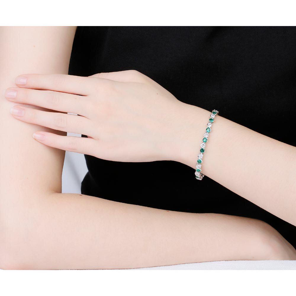 Infinity Emerald CZ and White Sapphire Platinum finished S Bar Silver Tennis Bracelet #2