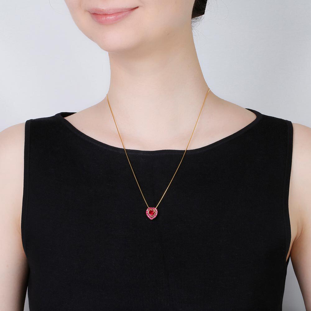 Infinity Heart Ruby Solitaire and Halo Platinum plated Silver Pendant Set #4