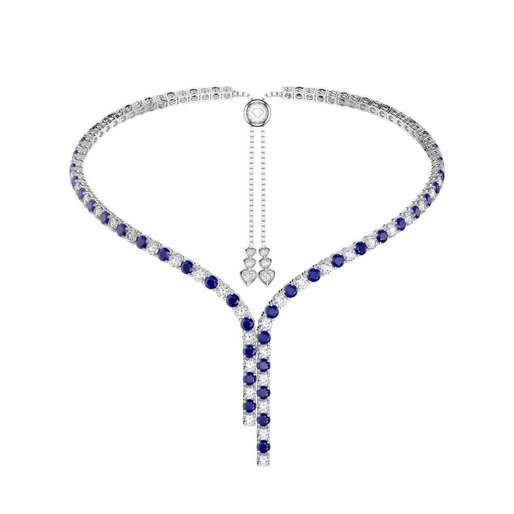 Eternity Asymmetric Drop Sapphire and Diamond CZ Rhodium plated Silver Tennis Necklace