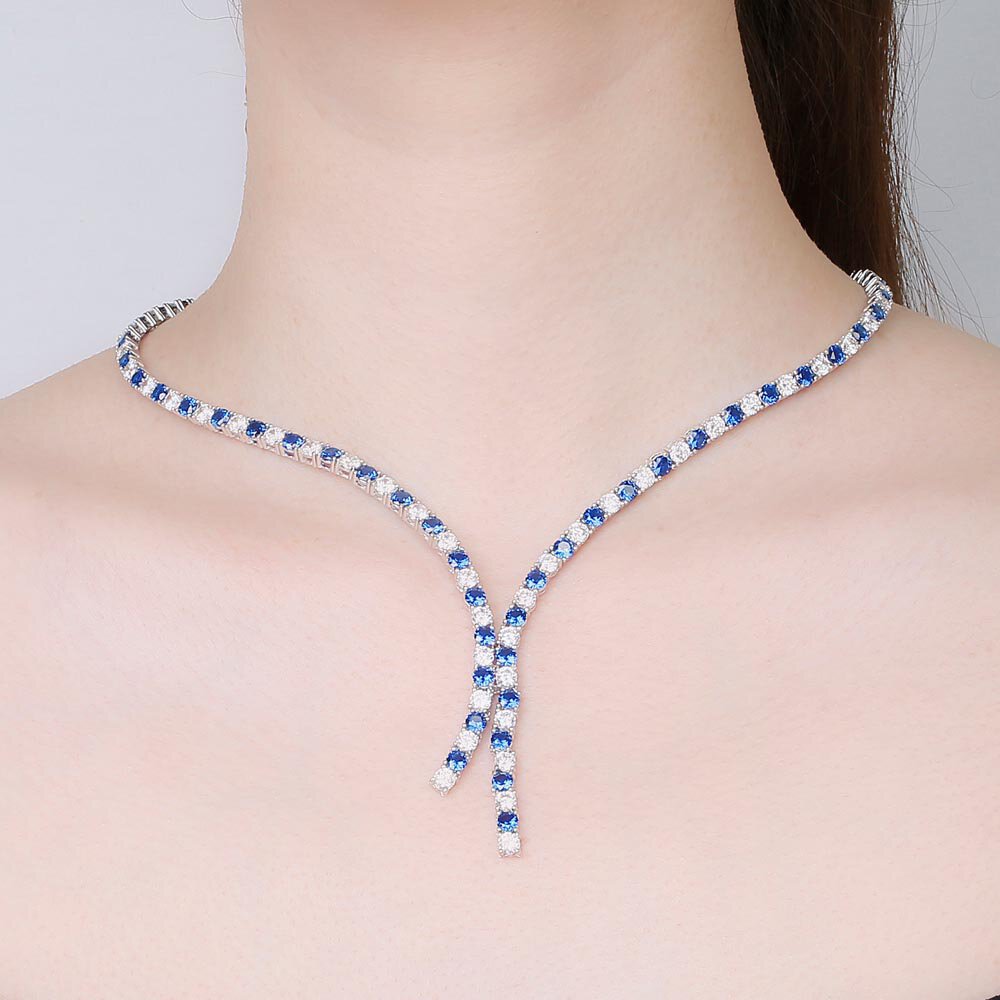 Eternity Asymmetric Drop Sapphire and Diamond CZ Rhodium plated Silver Tennis Necklace #2