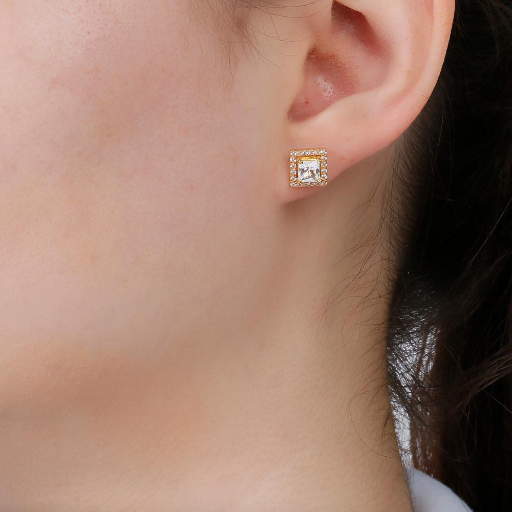 Charisma 1ct White Sapphire 9ct Yellow Gold Princess Stud Earrings Halo Jacket Set #5