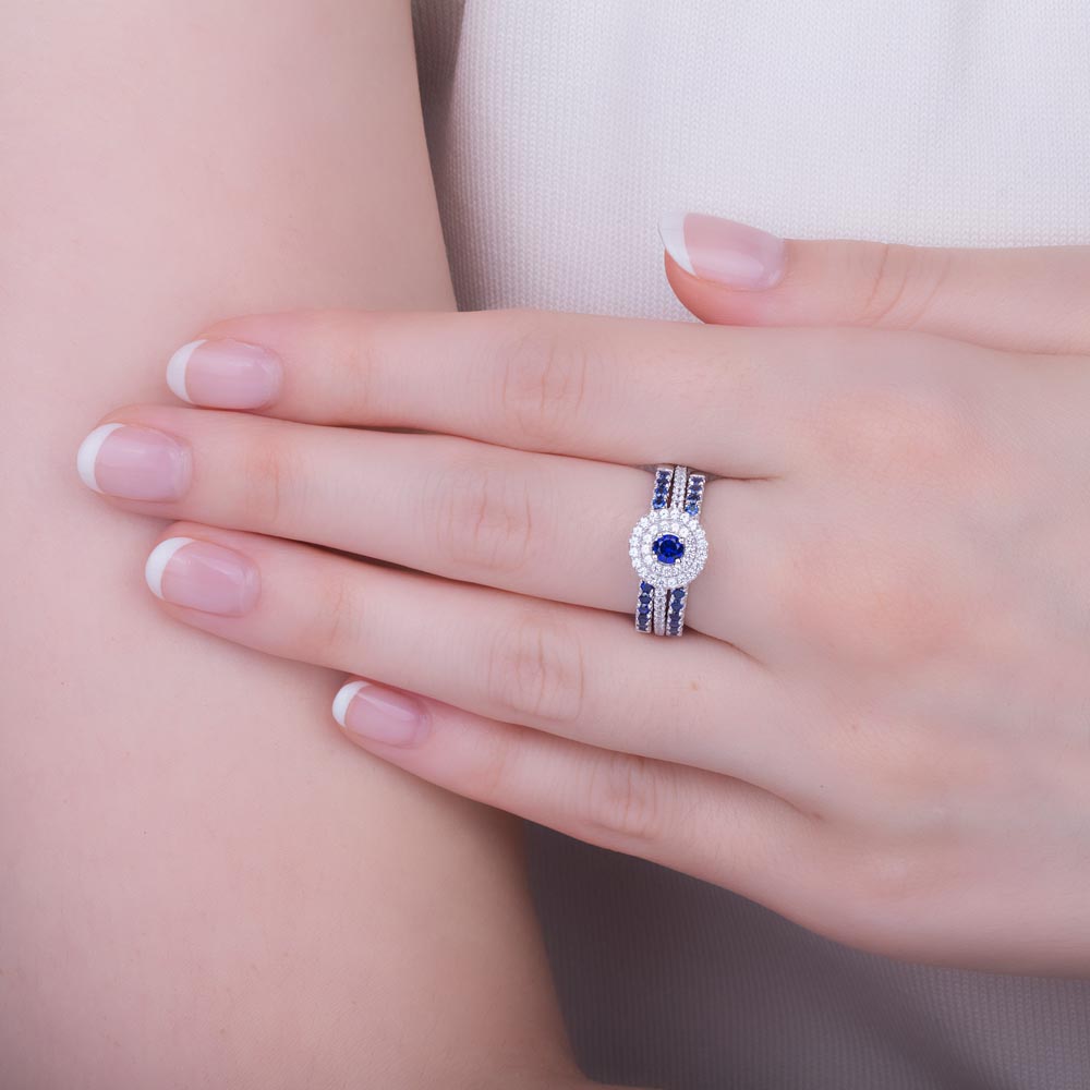 Fusion Sapphire Halo Sapphire Eternity Platinum plated Silver Promise Ring Set #2