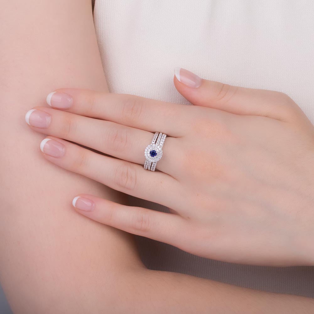 Eternity Sapphire Halo Half Eternity Platinum plated Silver Promise Ring Set #2