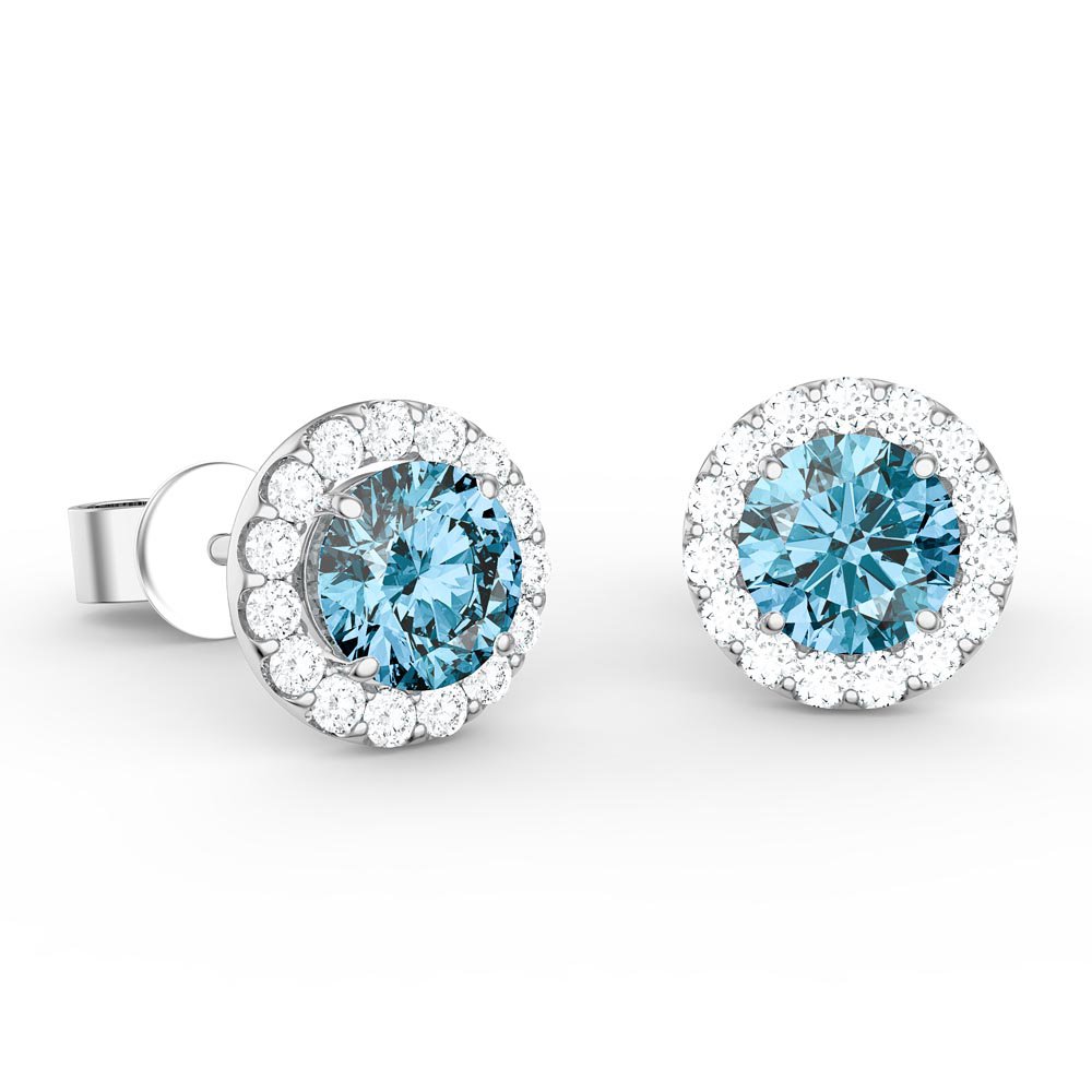 Halo 1ct Swiss Blue Topaz Moissanite Halo Platinum plated Silver Stud Earrings
