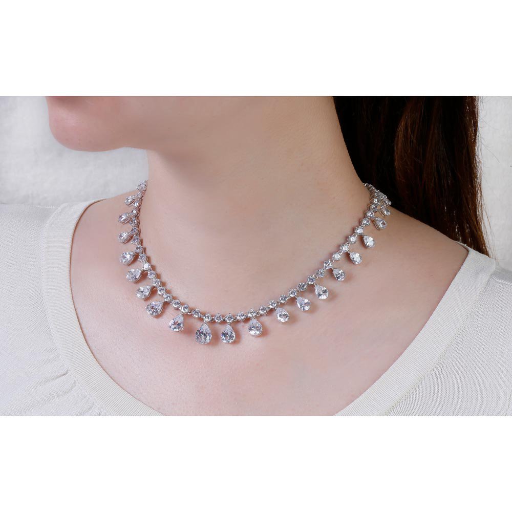Princess Graduated Pear Drop Diamond CZ Silver Choker Tennis Necklace #2