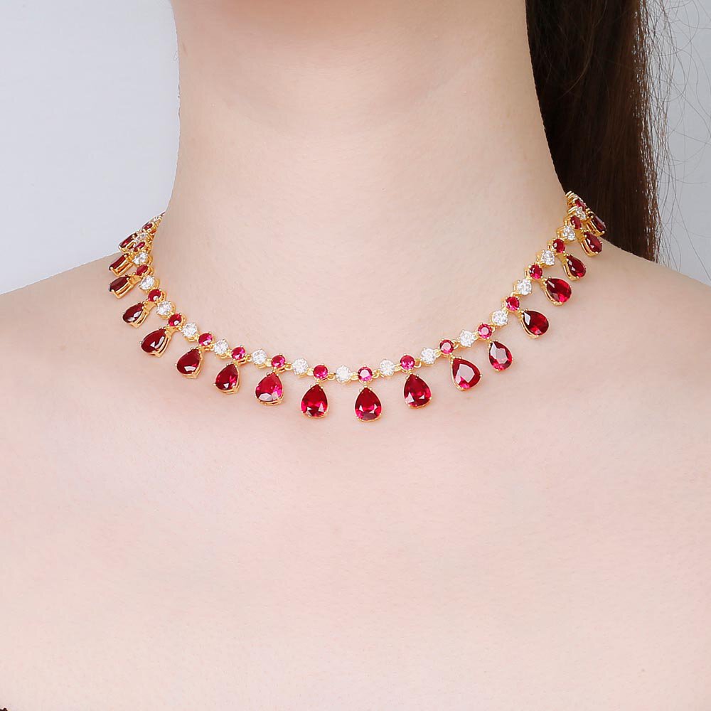 Princess Graduated Pear Drop Ruby 18ct Gold plated Silver Choker Jewellery Set #2