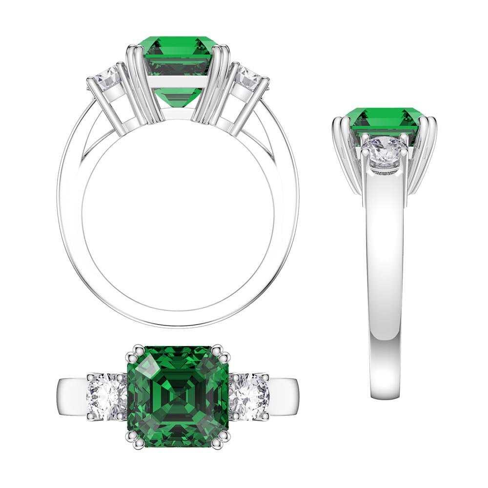 Princess 4ct Asscher Cut Emerald Lab Diamond Platinum Three Stone Engagement Ring #4