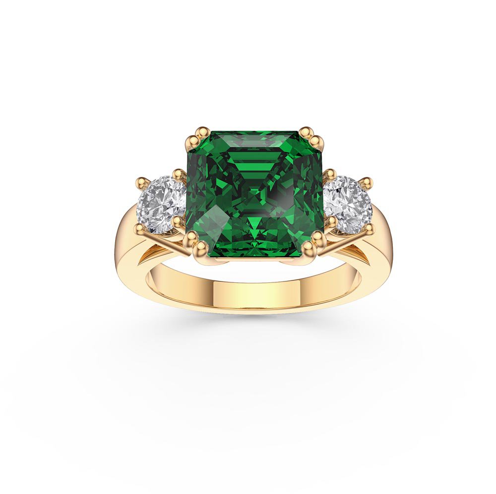 Princess 4ct Asscher Cut Emerald Lab Diamond 9ct Yellow Gold Three Stone Engagement Ring