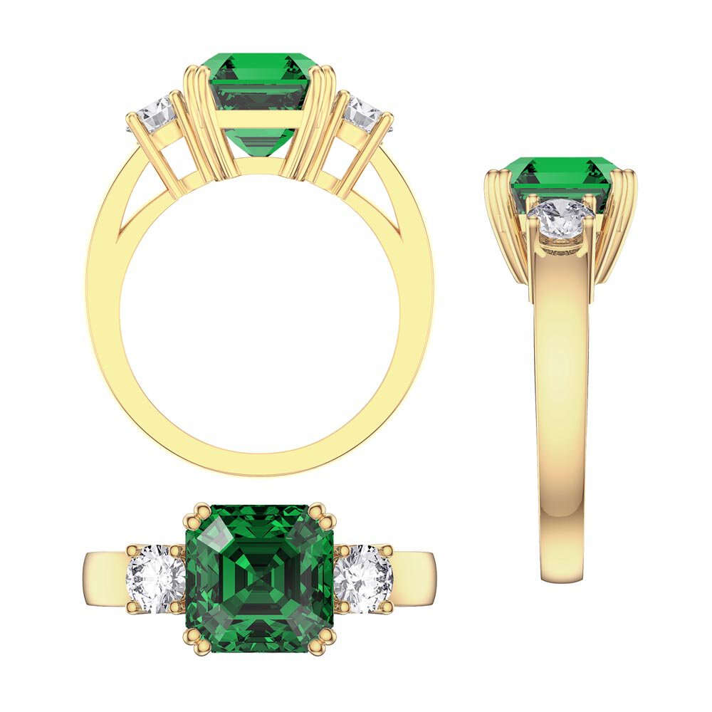 Princess 4ct Asscher Cut Emerald Lab Diamond 9ct Yellow Gold Three Stone Engagement Ring #4