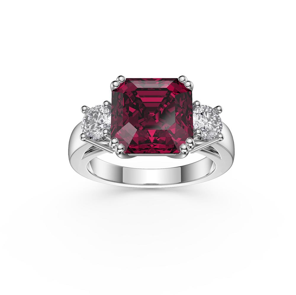 Princess 4ct Asscher Cut Ruby Lab Diamond Platinum Three Stone Engagement Ring