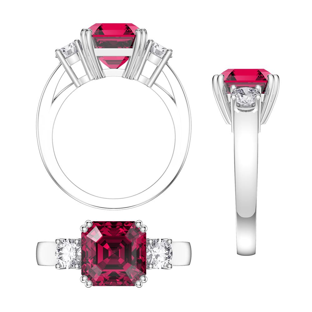Princess 4ct Asscher Cut Ruby Lab Diamond Platinum Three Stone Engagement Ring #4