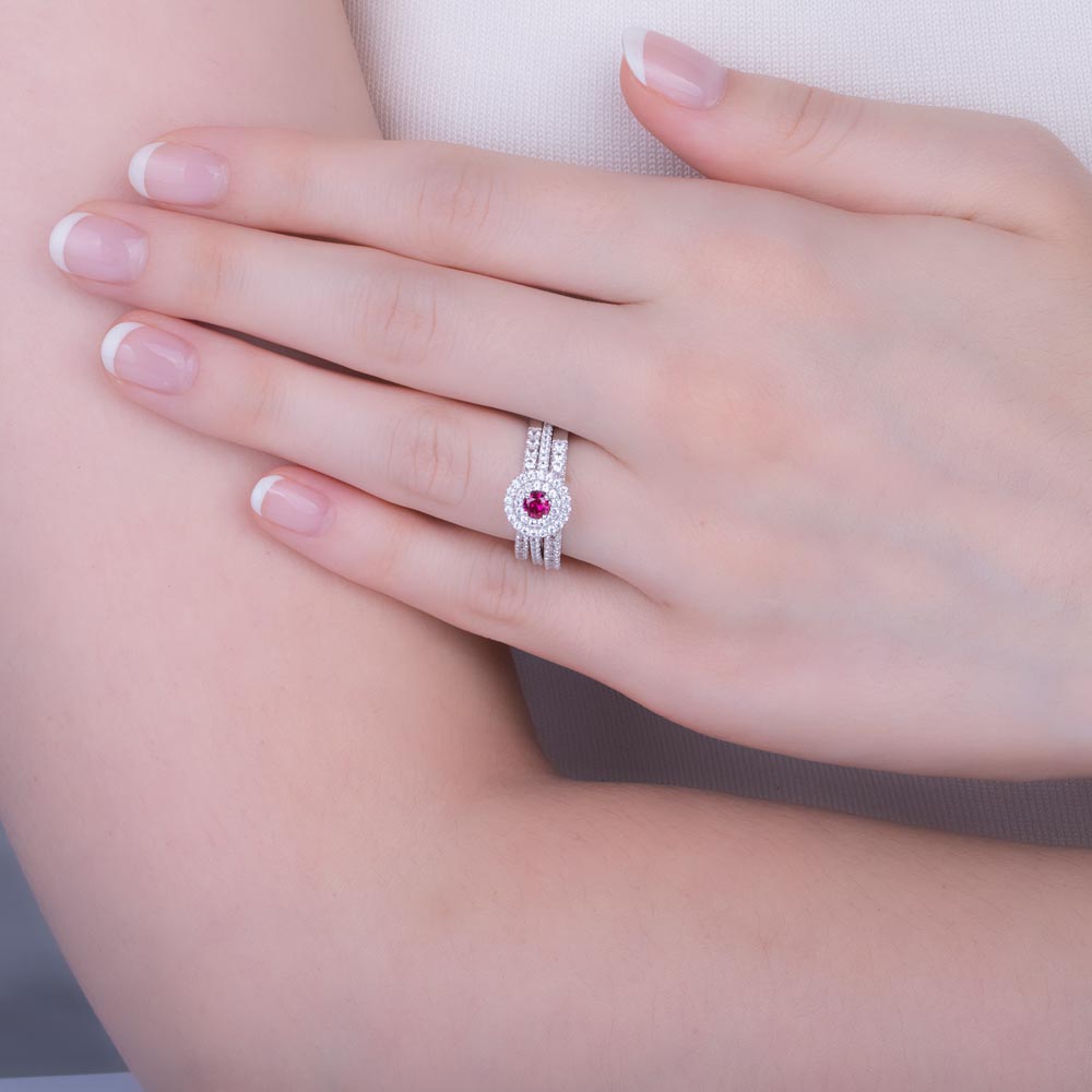 Fusion Ruby Halo Platinum plated Silver White Sapphire Eternity Promise Ring Set #2