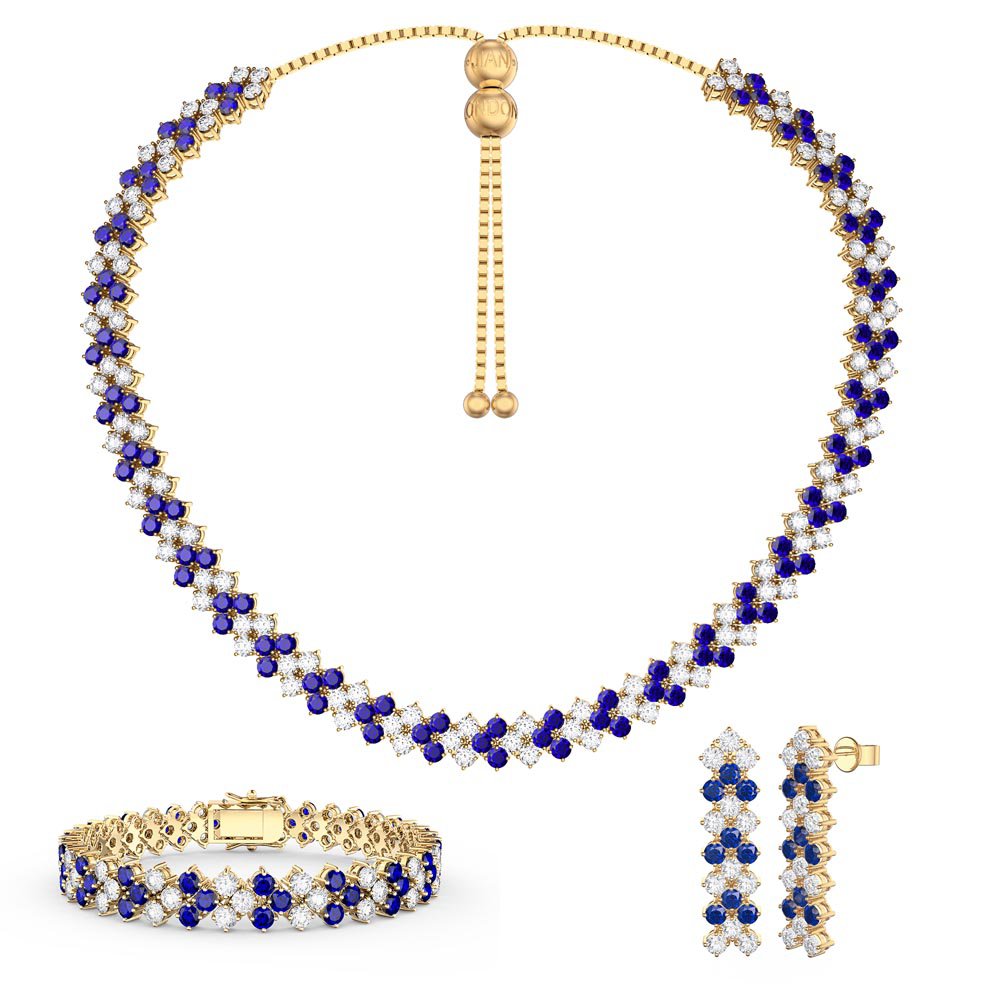 Three Row Sapphire and Moissanite 18ct Gold Vermeil Jewellery Set